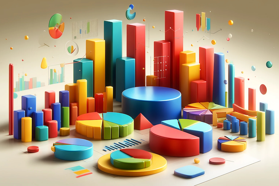 Colorful 3D bar charts, pie charts, and data visualizations