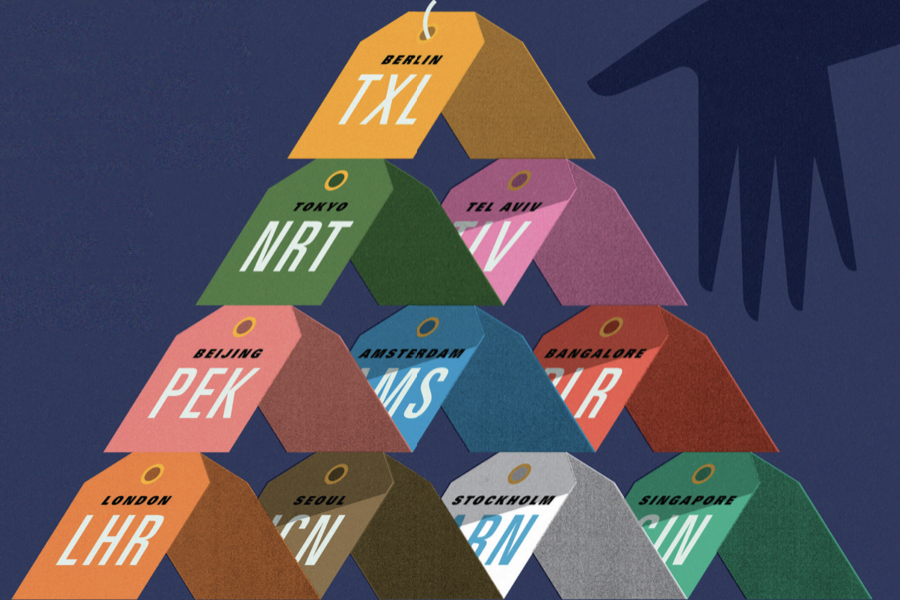 Illustration of luggage tags for global cities arranged in a pyramid