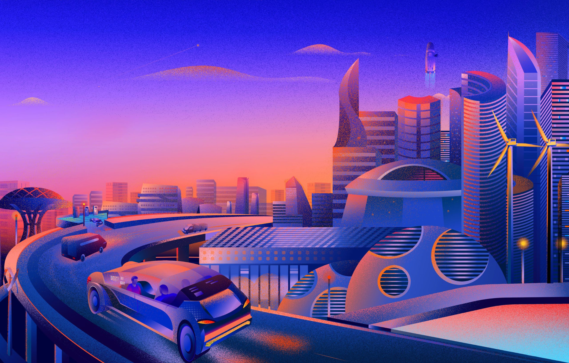 Futuristic illustration of a sustainable city with autonomous vehicles and modern architecture