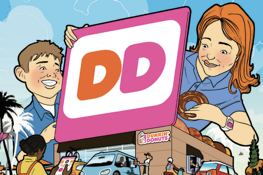 Illustration of Dunkin Donuts team holding a DD sign