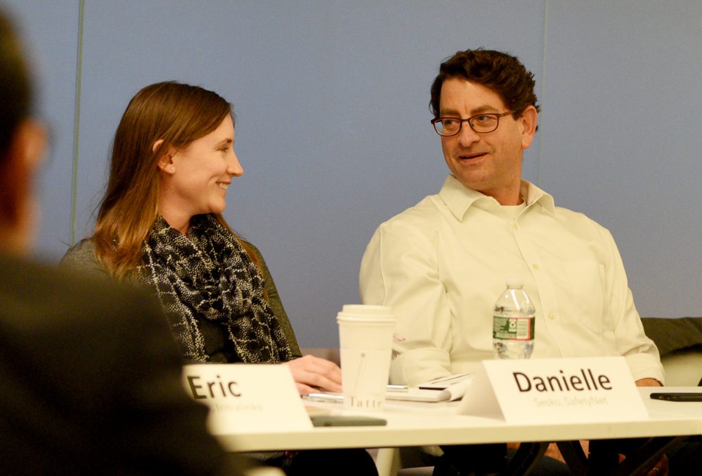 Danielle Sesko, Chief Financial & Marketing Officer of SafetyNet talks with Stephen Goodman of MIT’s Lincoln Lab.