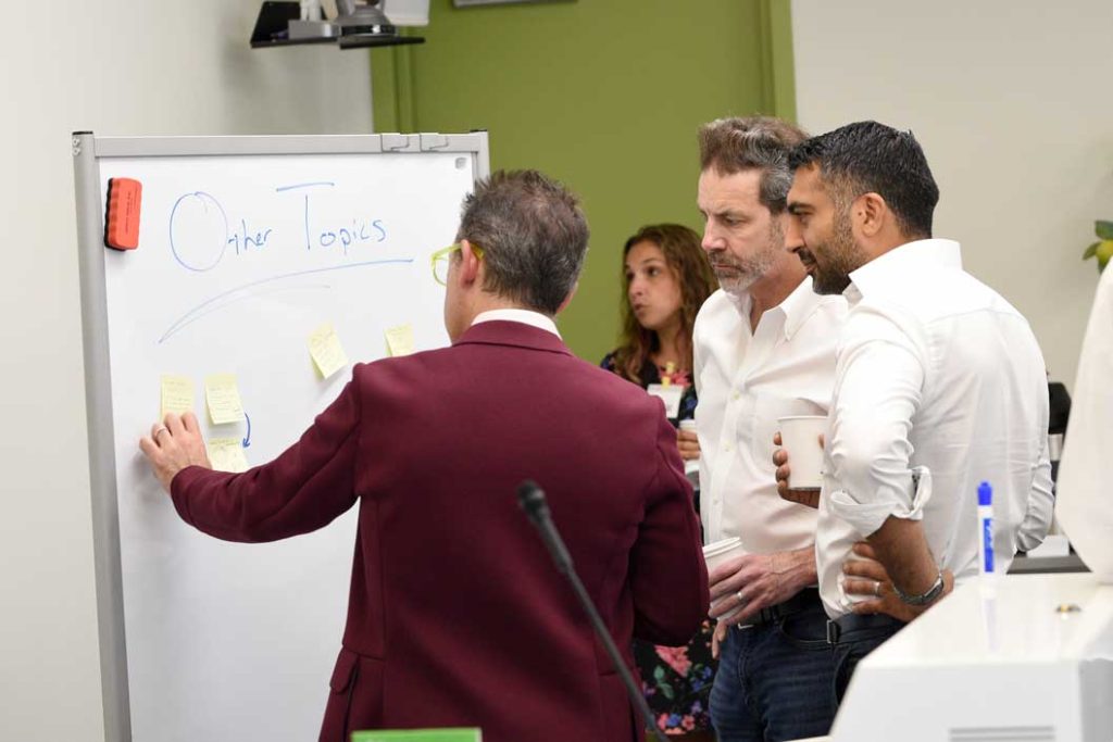 InnoLead CEO Scott Kirsner sorts through suggested topics with David Knies of Essential Design and Jiten Kachhela of PA Consulting.