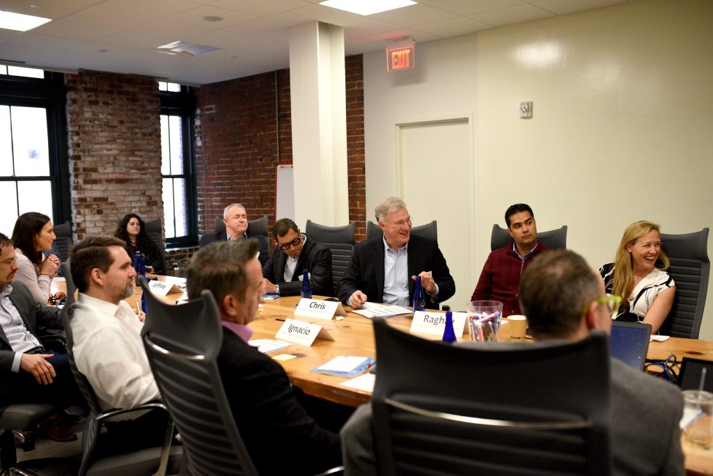 Chris Mayer (center), Executive Vice President & Chief Innovation Officer at Suffolk Construction, makes a point.