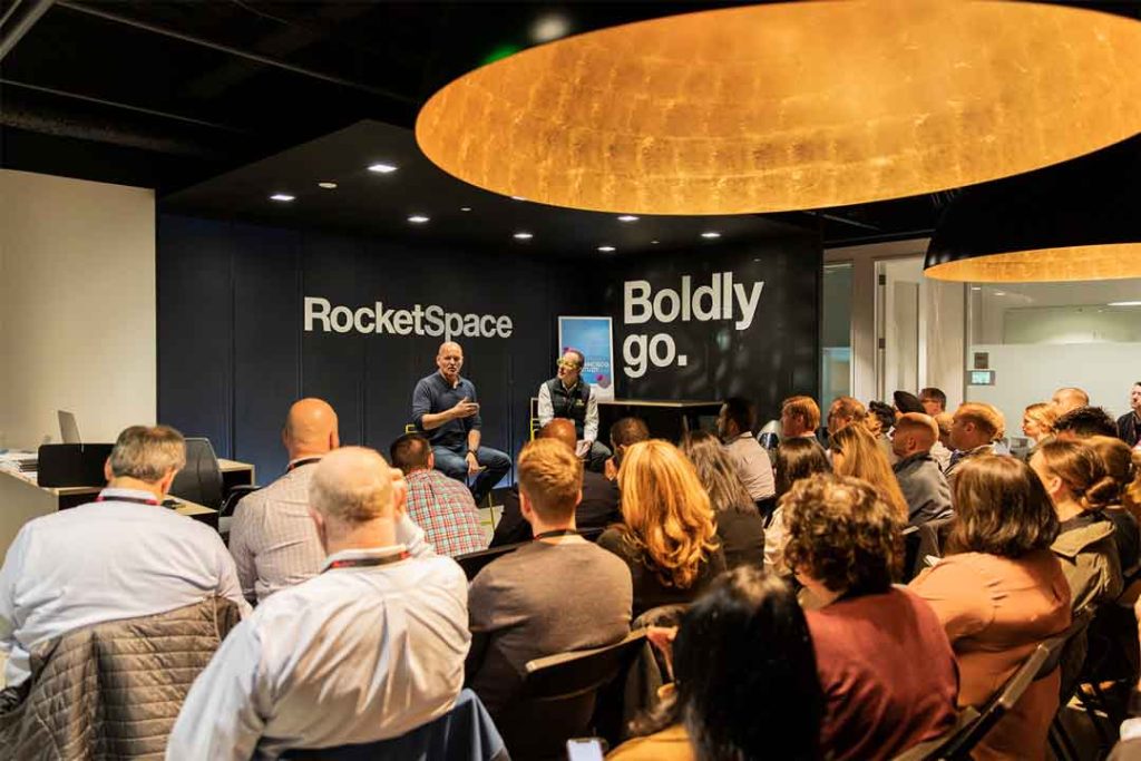 InnoLead CEO Scott Kirsner opens the event with a fireside chat with Duncan Logan, CEO of Rocketspace.
