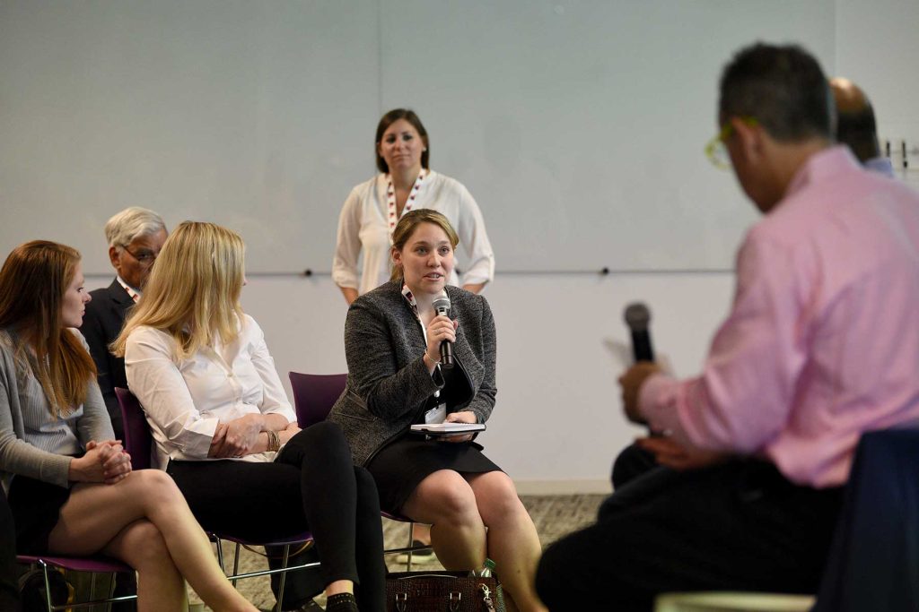 Jennifer Rousseau of Altus Ventures asks a question of Wayfair CEO Niraj Shah.