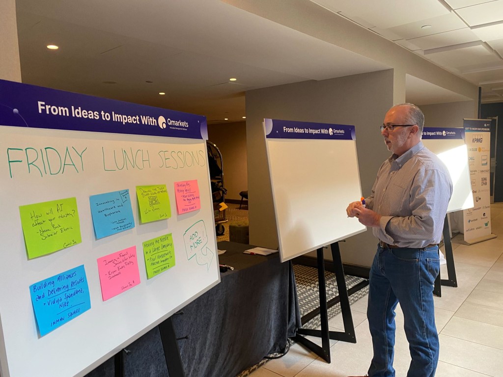 Scott Cohen of InnoLead sets up the whiteboards to capture ideas for “unconference” sessions over lunch, suggested by participants.