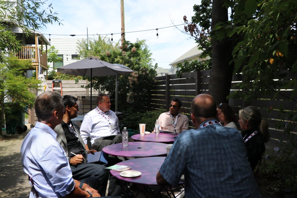 Jerry Gupta of Swiss Re shares his thoughts in a garden session about deep research and problem solving. Dave Duncan and Prashant Srivastava of Innosight; Scott Miller of Dragon Ventures; John Kelly of BAE Systems; Claudia Reuter of Yale University’s Innovation Investment Fund, and Julia Jackson of Takeda Pharmaceuticals listen in.