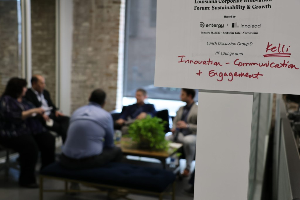 Participants proposed lunch discussion topics, including this one on communication and engagement strategies for corporate innovators.