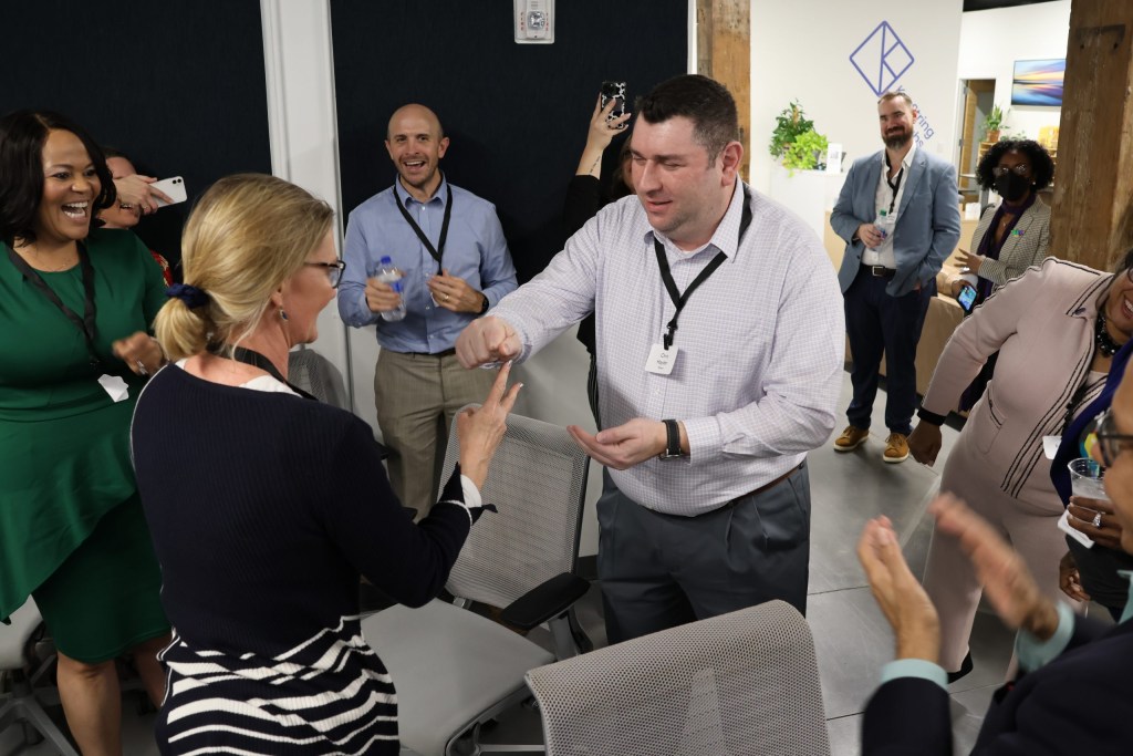 Chris Hayden of Rheem prevailed over Linda Baynham of the Morial Convention Center in an intense rock-paper-scissors competition that involved everyone.
