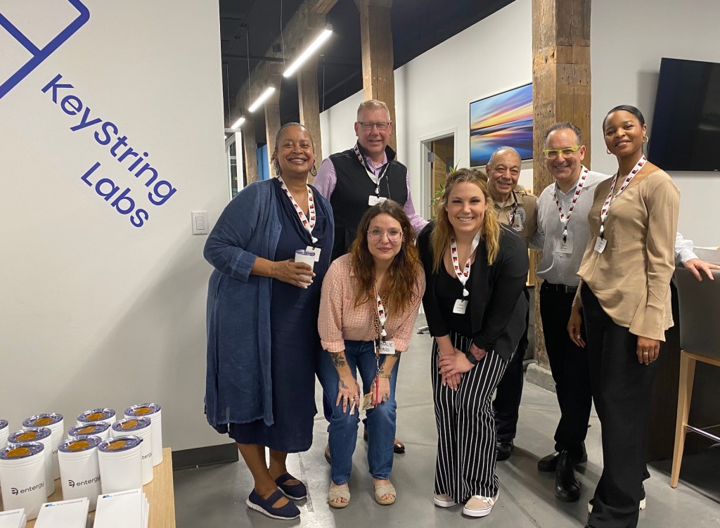 The event team (from left): Djuana Stoakley, Michael Cross, Nathalie Perozo, Kristen Krasinskas, Mr. Eddie, Scott Kirsner, and Aaliyah Shareef.