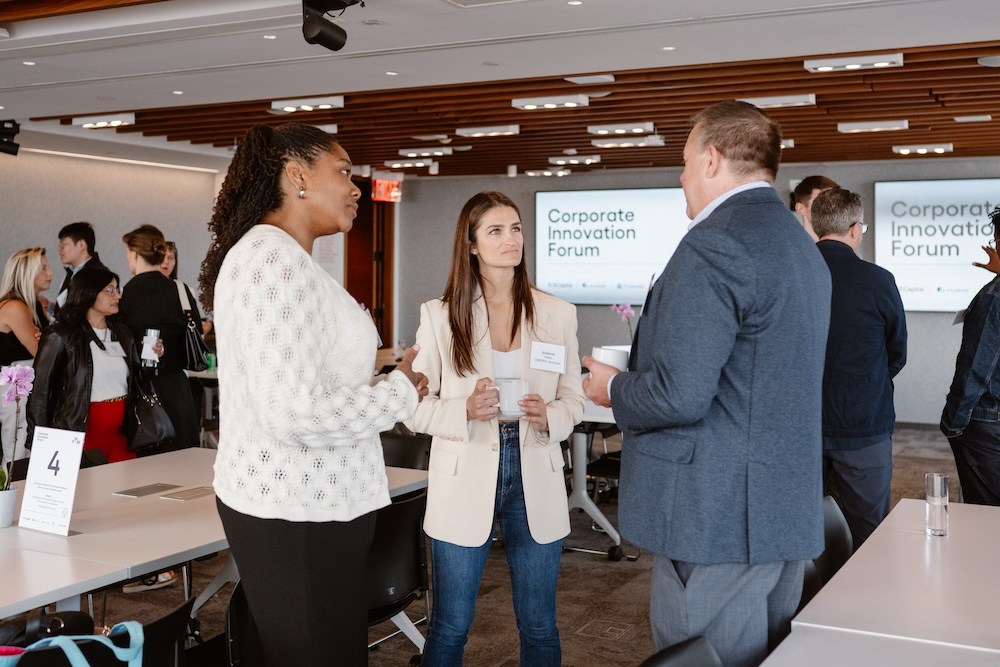 Shannon Humes of Pfizer, Julianna Vitolo of OMERS Ventures, and David Duncan of Disruptive Edge.
