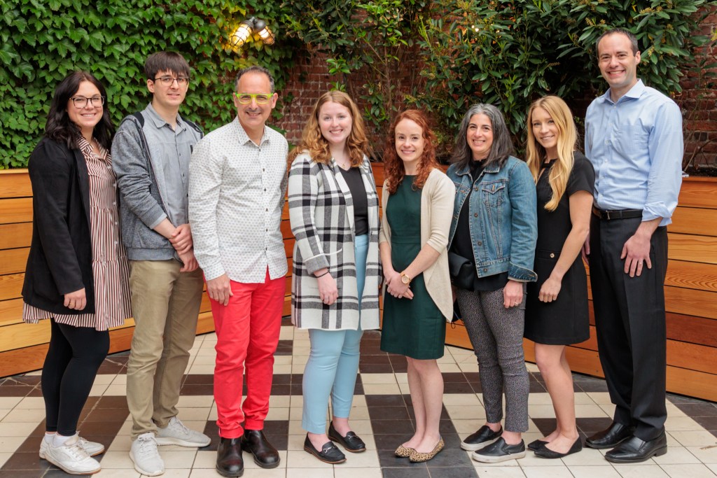 The InnoLead team members, who staffed and oversaw Impact NYC, pose for a quick photo. From left: Kristen Krasinskas, Kristof Torok, Scott Kirsner, Meghan Hall, Kate Priddy, Gina Imperato, Parys Zambas, Alex Slawsby.