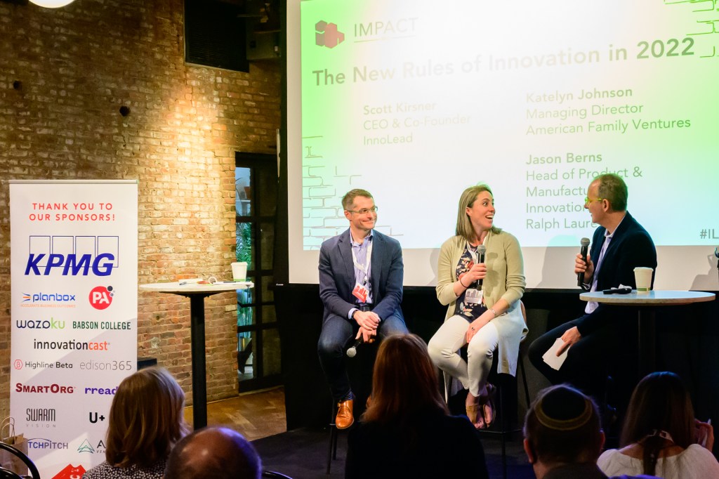 From left: Jason Berns, Head of Product & Manufacturing Innovation at Ralph Lauren Corporation, Katelyn Johnson, Managing Director at American Family Ventures, and Scott Kirsner, CEO & Founder of InnoLead, kick off day one of Impact with an opening Fireside Chat.