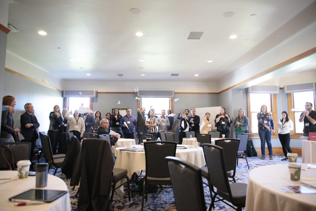 Attendees launch paper airplanes in hopes that their creation will cover the greatest distance. One of InnoLead’s sponsors, rready, led the skill-building workshop, titled, “Idea Execution Eats Idea Management for Breakfast!”
